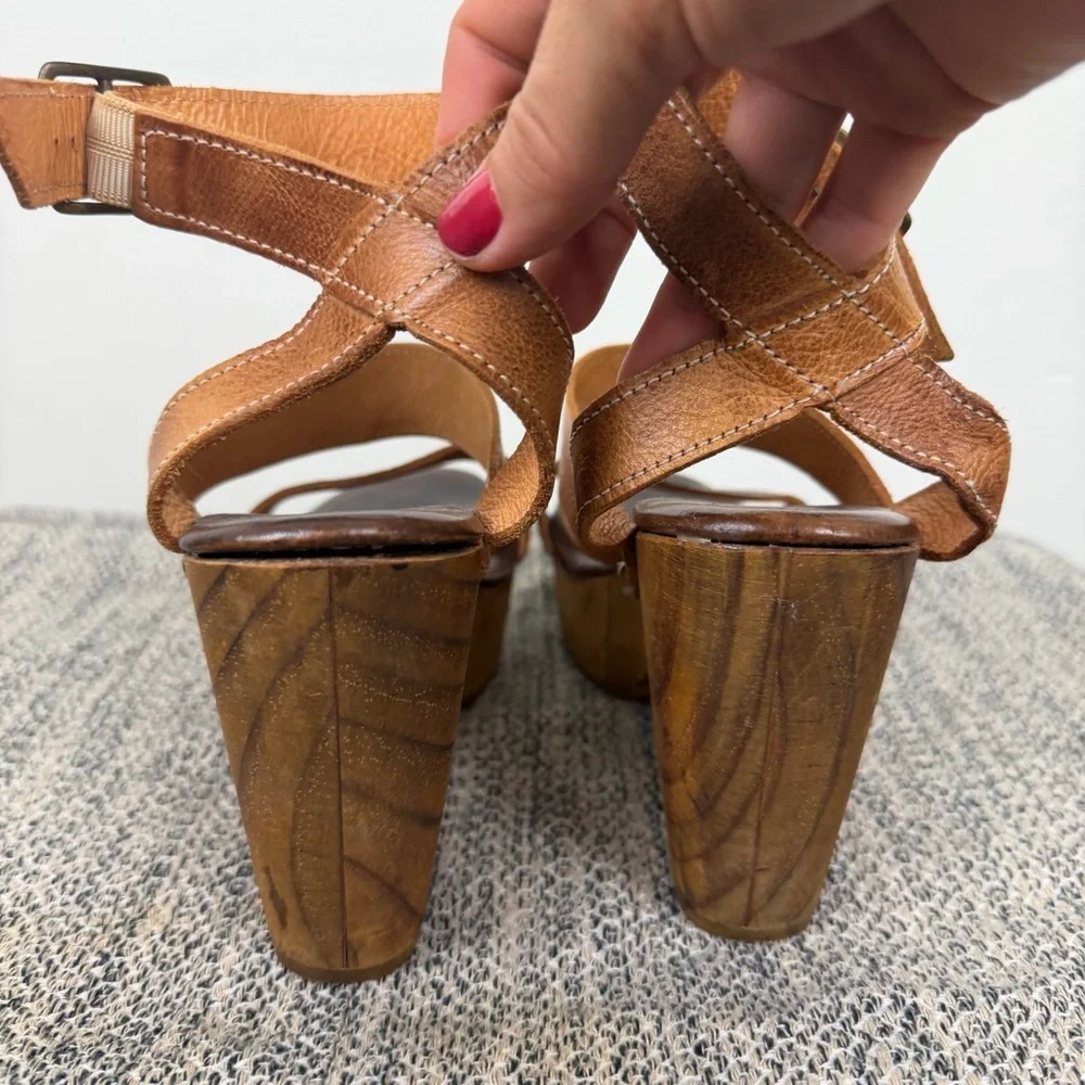 BED STU Sophie Brown Tan Leather Wood Platform Sandals 7.5
